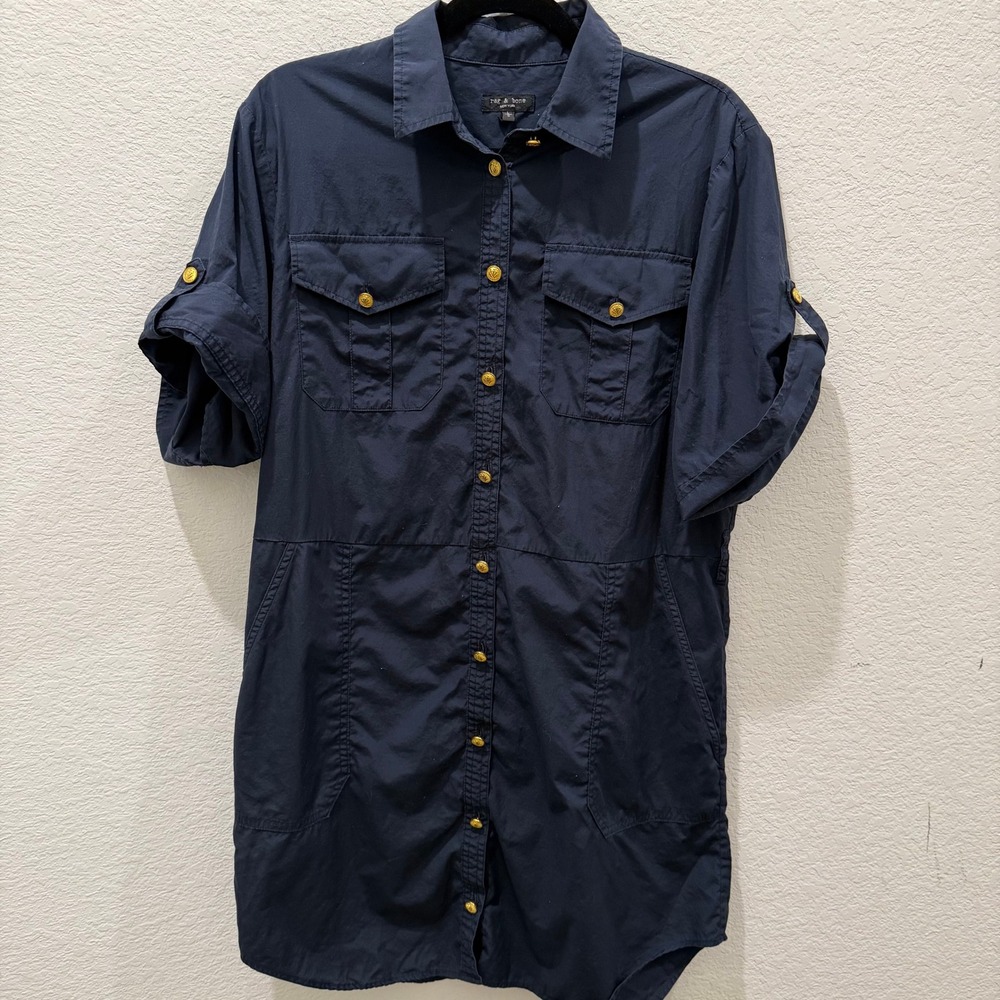 Rag & Bone Navy Blue Utility Shirt Dress Gold Crest Buttons Size L Large
